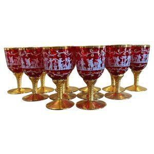 Murano Venetian Neoclassical Wine Glasses Set of 12 Ruby  24k Heavy Gold Gilded
